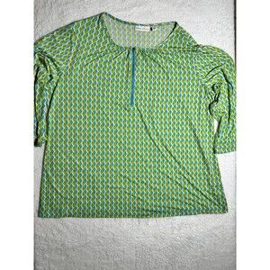 Susan Graver Blouse Sz XL Green Blue Diamond Geometric Pattern 1/4 Zipper